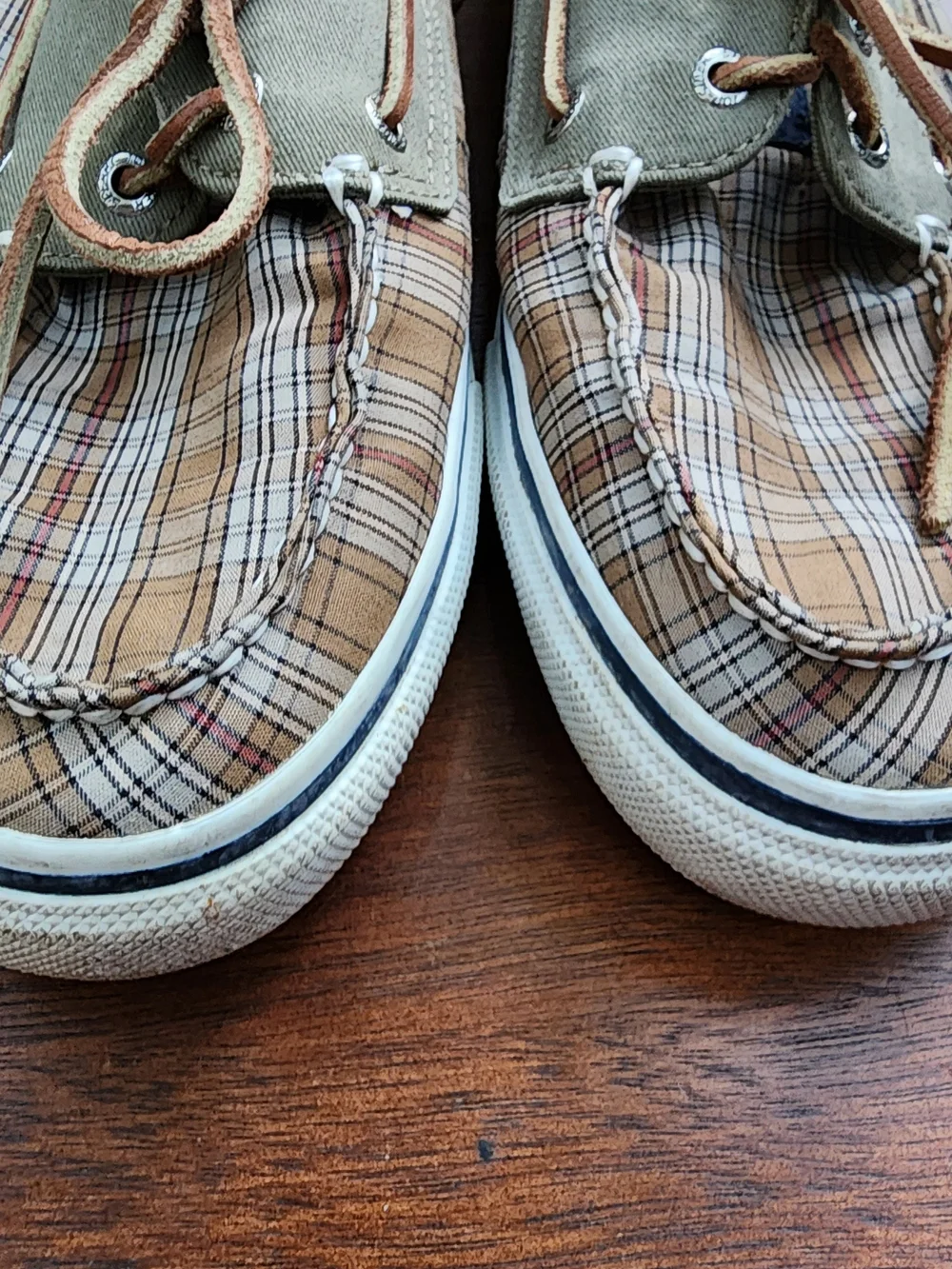 Sperry Top-Sider Plaid Canvas Boat Shoes Green Sage Tan Deck Loafers [11M]